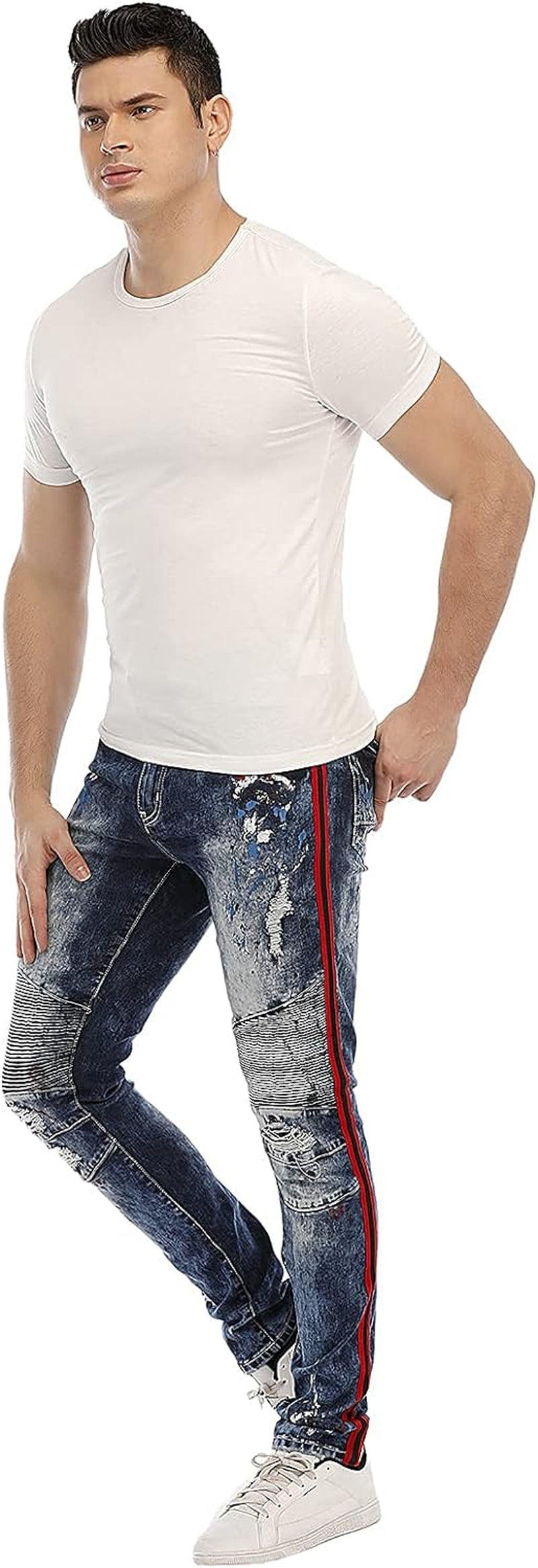 Jeans for Men Skinny Jeans Men Ripped Distressed Denim Jeans Destroyed Slim Fit Jeans Elastic Cool Denim Pants Blue Red