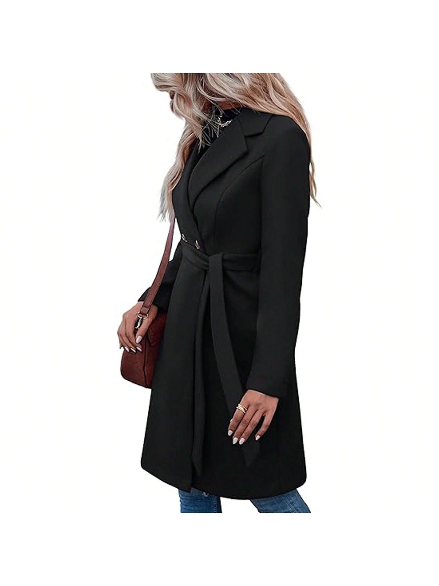 Women'S Double Button Belted Tweed Overcoat Basic Long Sleeve Notched Lapel Pea Trench Jacket Outwear Coats