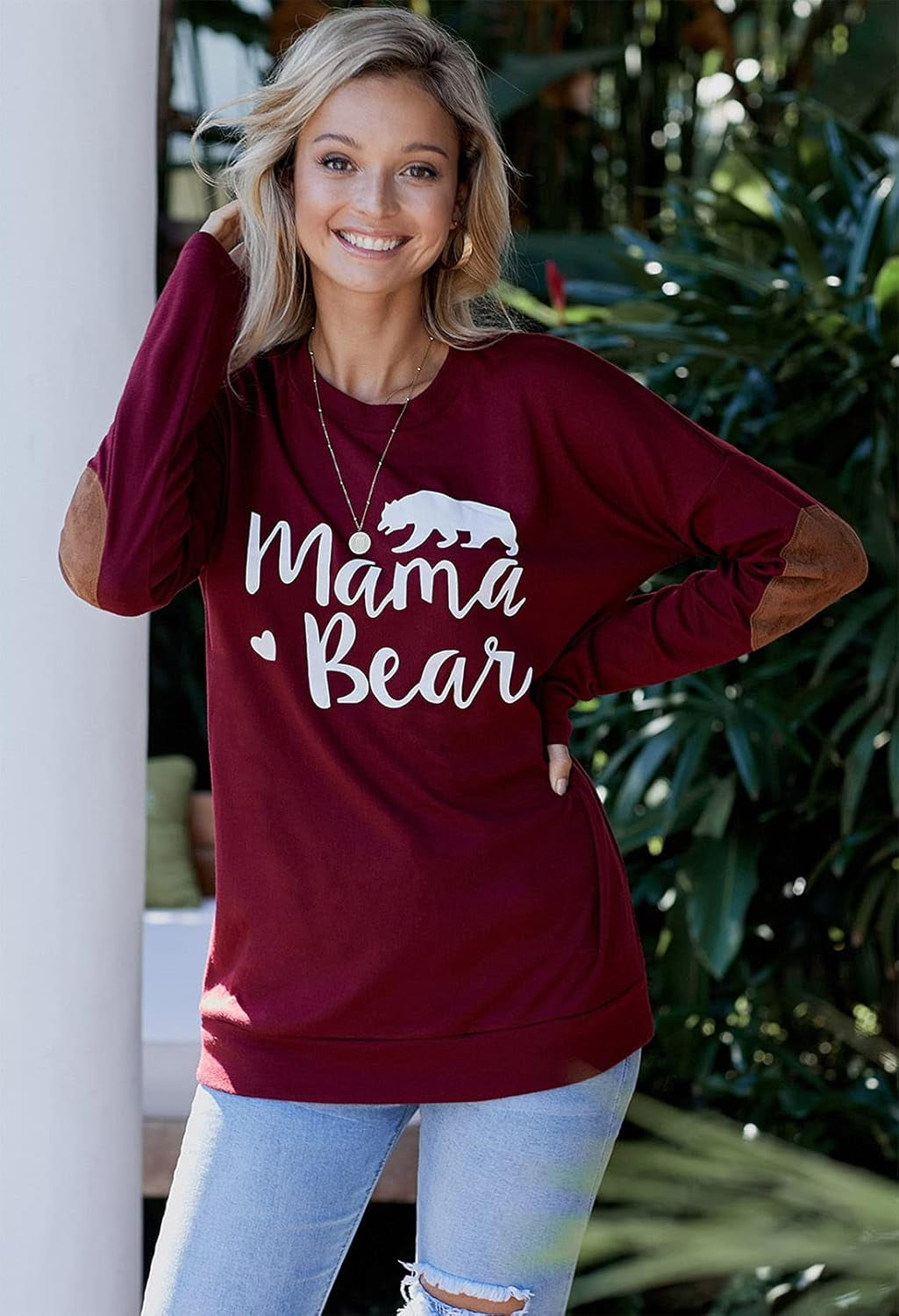Women Mama Bear T Tee Shirt Mommy Me Outfit Wife Maternity Mom Momma Lightweight Sweatshirt Tunic Casual Loose Oversized Batwing Long Sleeve Ruby Wine Red