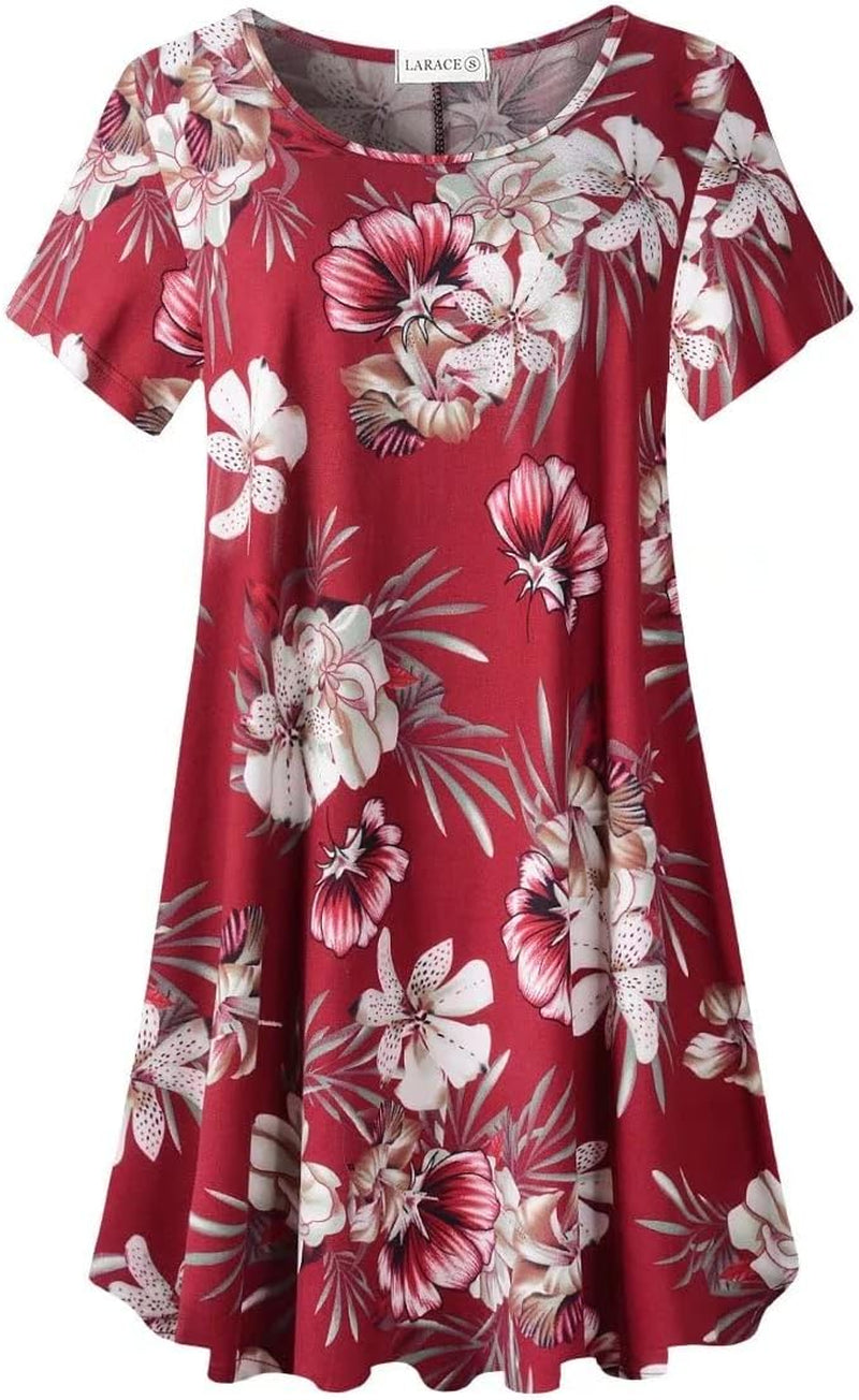 plus Size Dresses for Womens Summer Clothes Casual Floral Tops Short Sleeve T Shirt Dress Swing Sleepwear(A-Winered18 S)