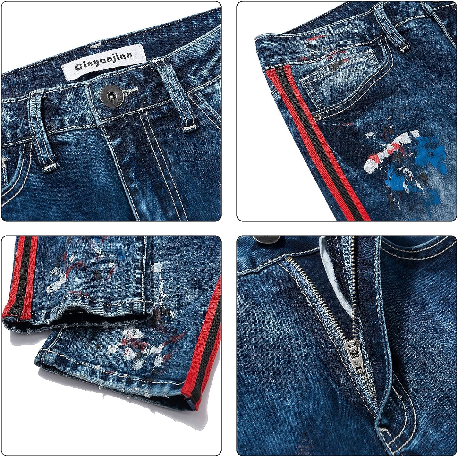 Jeans for Men Skinny Jeans Men Ripped Distressed Denim Jeans Destroyed Slim Fit Jeans Elastic Cool Denim Pants Blue Red