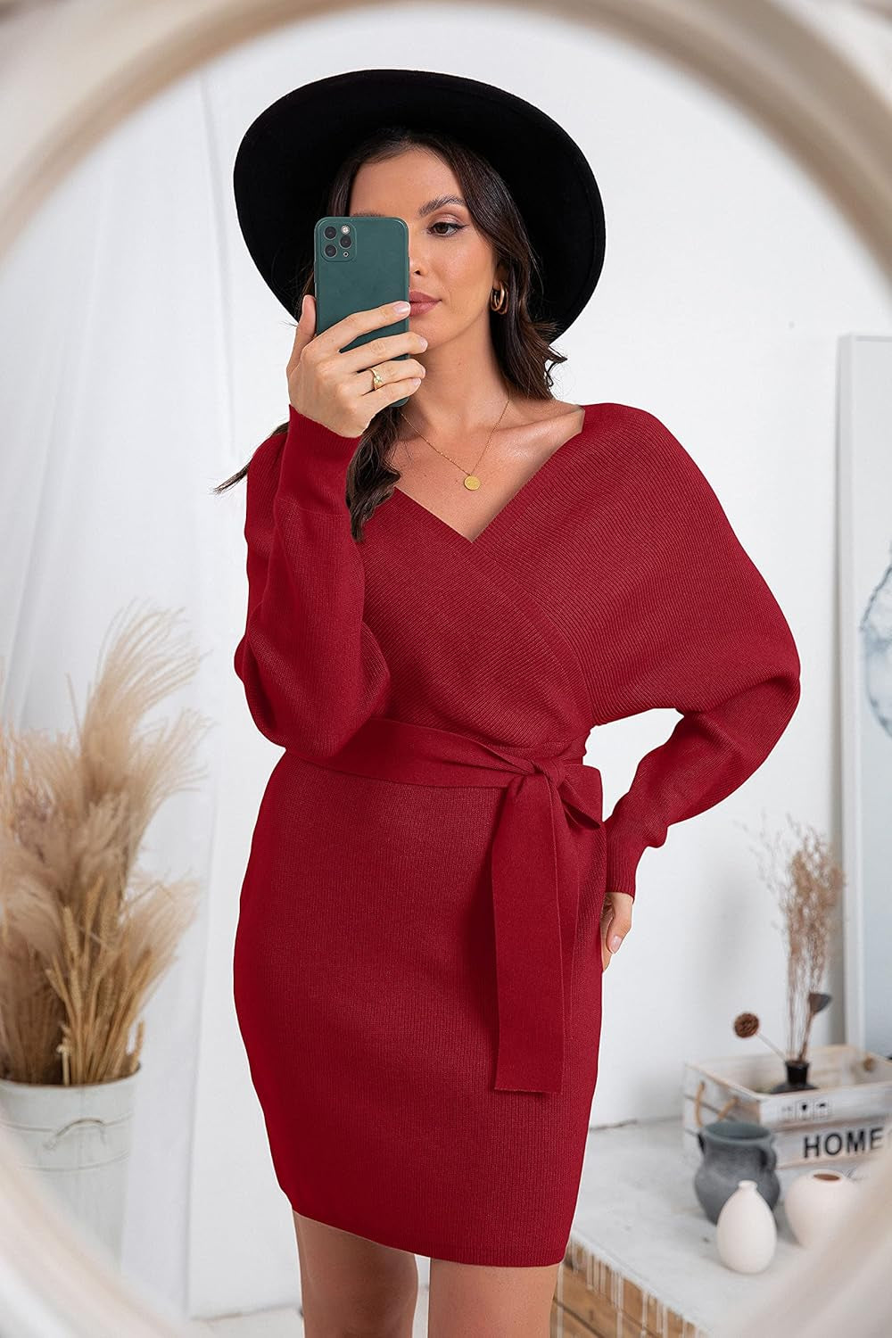 Women'S V Neck Batwing Long Sleeve Sexy Backless Wrap Bodycon Cocktail Pullover Sweater Mini Dress with Belt