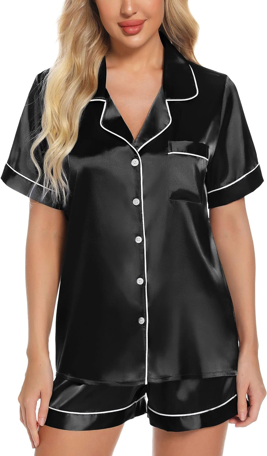 Women'S Silk Satin Pajamas Set Short Sleeve Sleepwear Two Piece Button down Pj Set with Pockets S-XXL