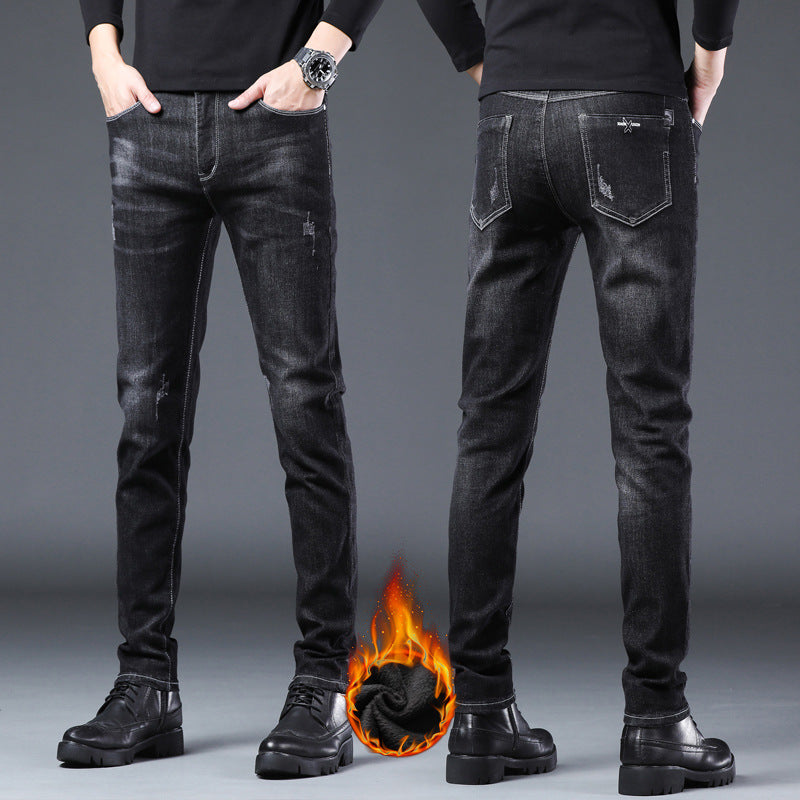 Denim Men'S Straight Loose Day System plus Fleece Casual Long Pants