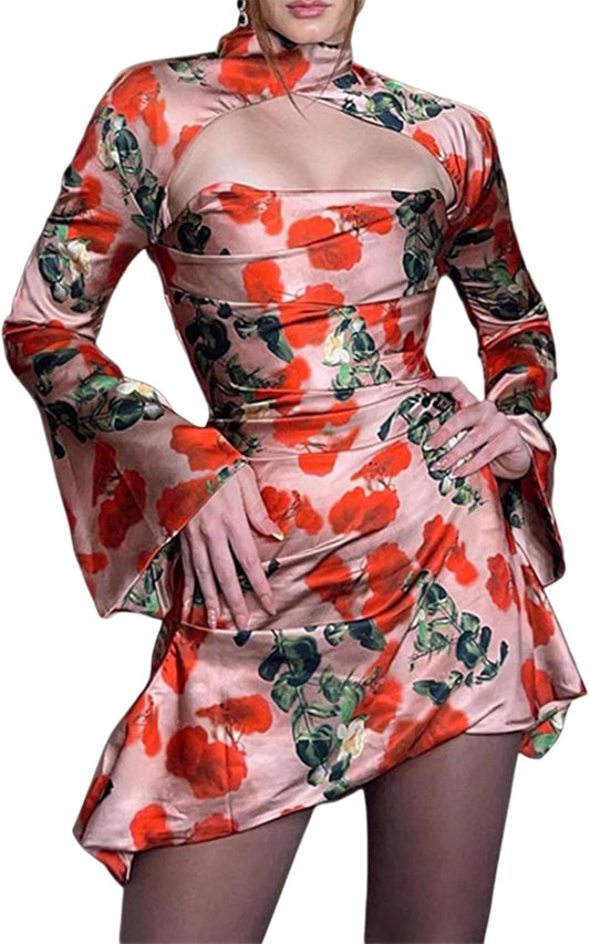 Women Sexy Criss Cross Halter Y2K Mini Dress with Gloves Cutout Vintage Short Bodycon Party Night Club Outfits Floral M