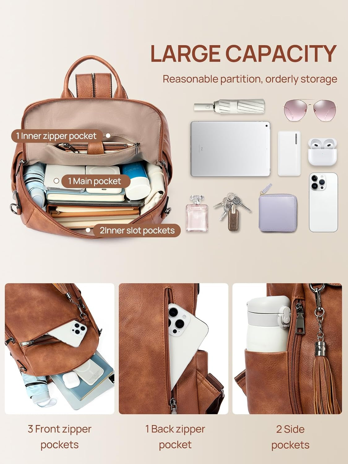 Backpack Purse for Women, PU Leather anti Theft Travel Purse Shoulder Bags with Tassel