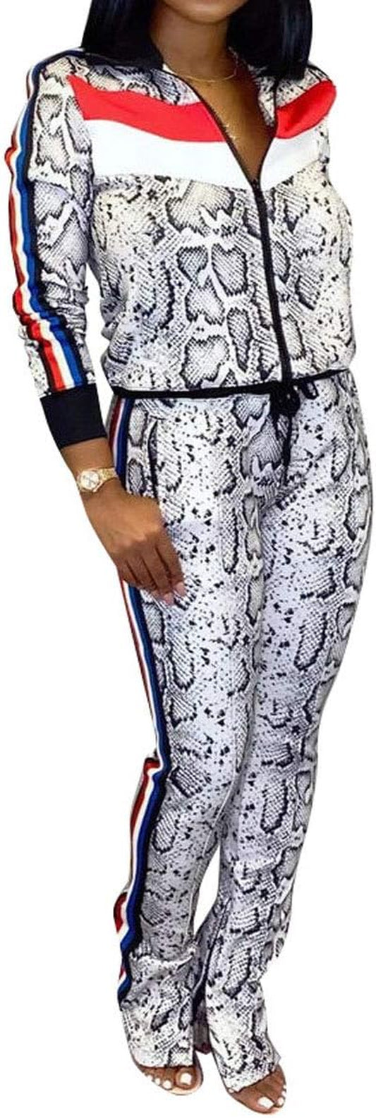 Women Two Piece Outfits Tracksuit - Sexy Snakeskin Printed Zipper Jacket and Long Pants Sportswear with Pocket White L