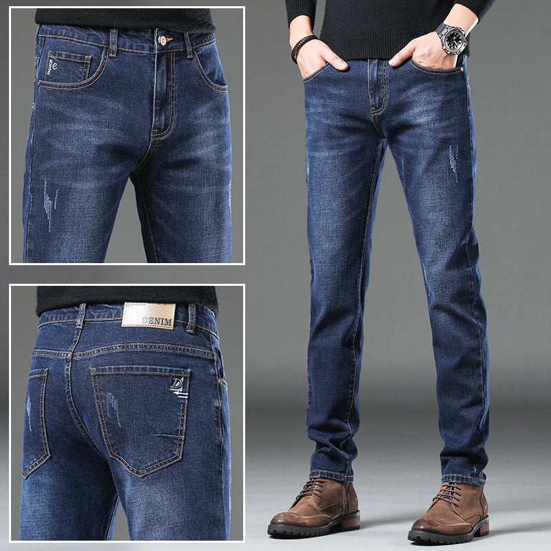 Denim Men'S Straight Loose Day System plus Fleece Casual Long Pants
