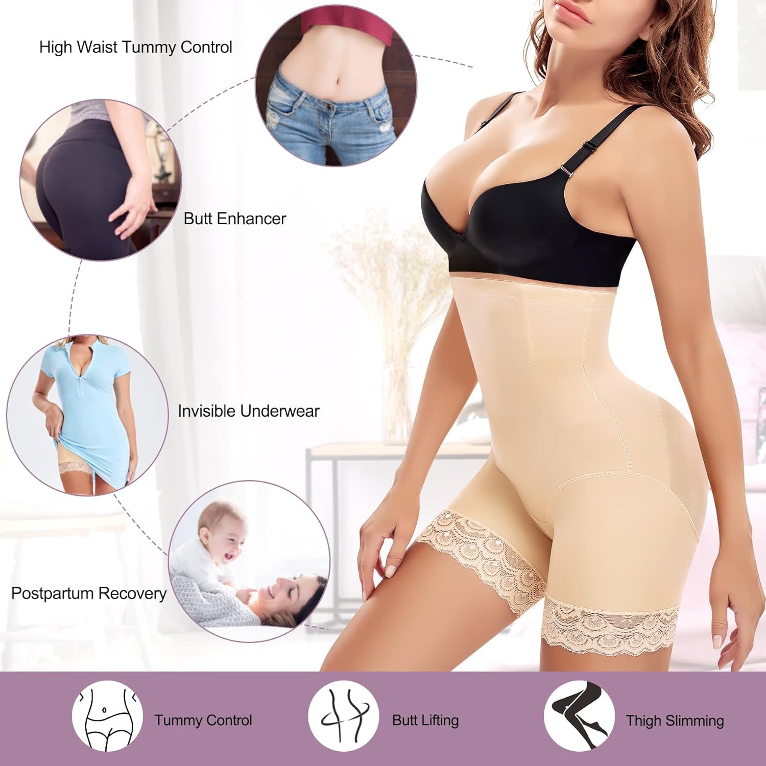 Women Shapewear Control Panties Butt Lifter High Waist Trainer Shorts Tummy Compression Body Shaper Postpartum Girdle (Medium, Beige)