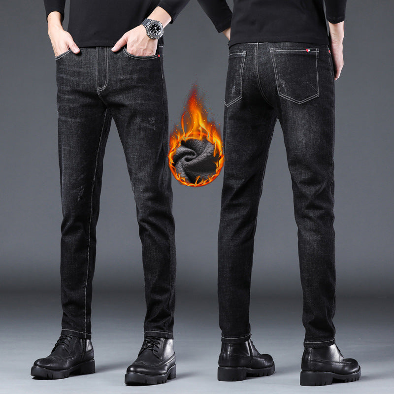 Denim Men'S Straight Loose Day System plus Fleece Casual Long Pants