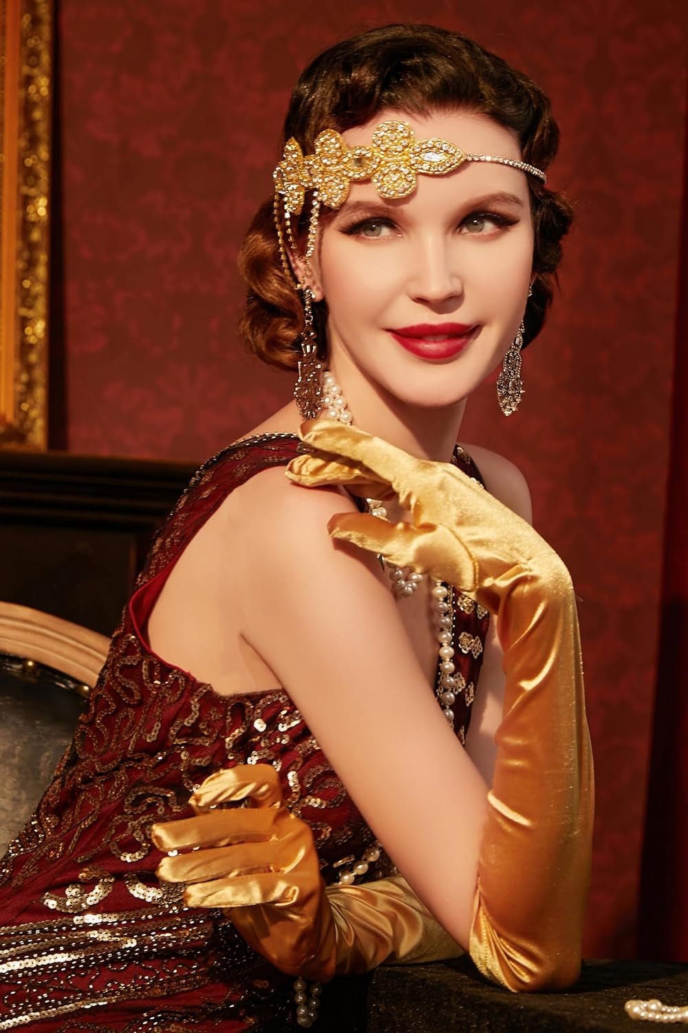 1920S Flapper Accessories Gatsby Costume Accessories Set 20S Flapper Headband Pearl Necklace Gloves Plastic Holder