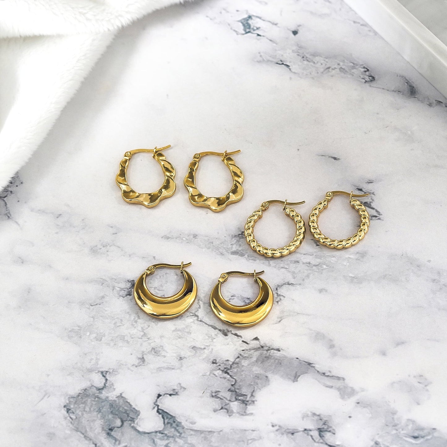 Twisted Hoop Earrings Set, Yellow Gold Plated, Hypoallergenic, 3 Pairs