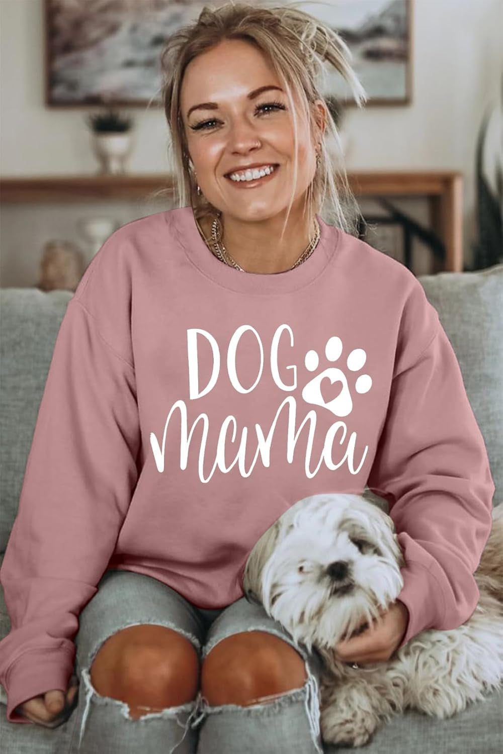 Dog Mom Sweatshirt Women Dog Mama Graphic Shirt Cute Paw Shirts Puppy Lover Pullover Casual Long Sleeve Tee Tops