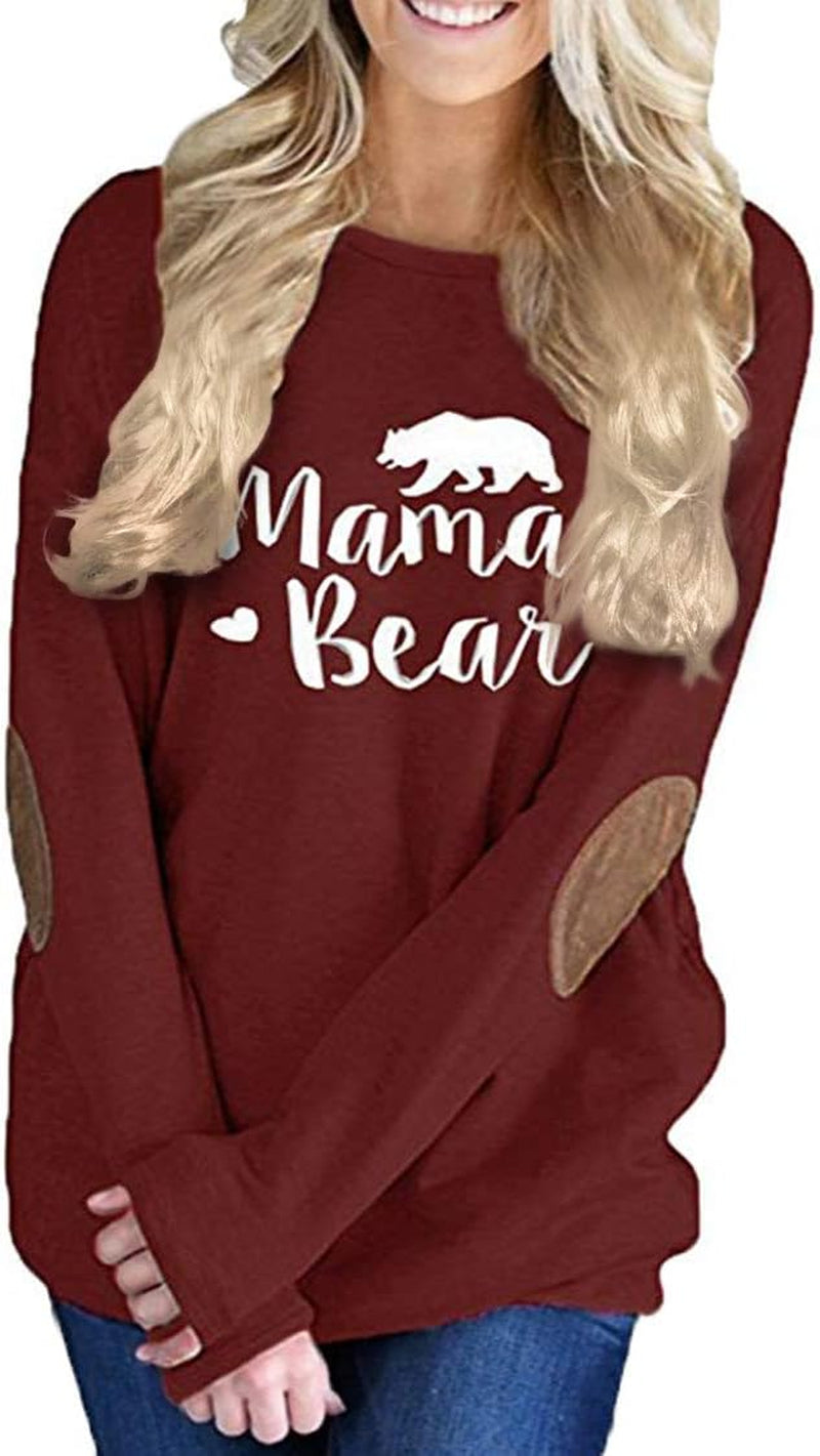 Women Mama Bear T Tee Shirt Mommy Me Outfit Wife Maternity Mom Momma Lightweight Sweatshirt Tunic Casual Loose Oversized Batwing Long Sleeve Ruby Wine Red