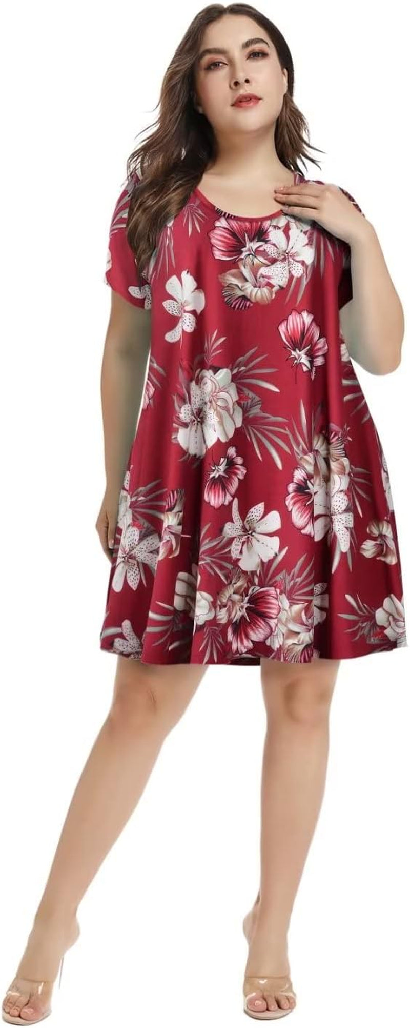 plus Size Dresses for Womens Summer Clothes Casual Floral Tops Short Sleeve T Shirt Dress Swing Sleepwear(A-Winered18 S)