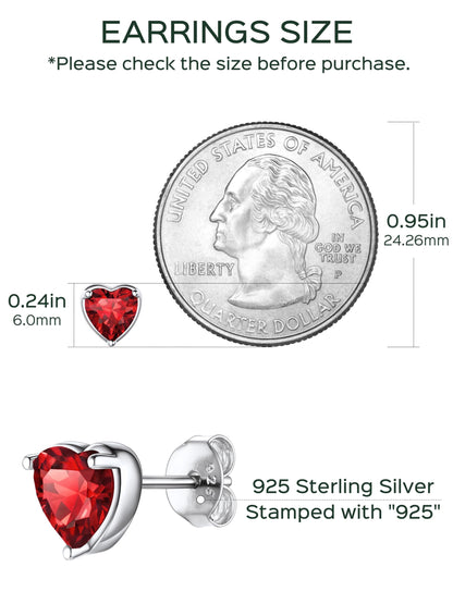 925 Sterling Silver Heart Birthstone Earrings, Synthetic Garnet Studs Cute Gift for Birthday Valentine'S Day, Party & Daily Wear Accessory for Women