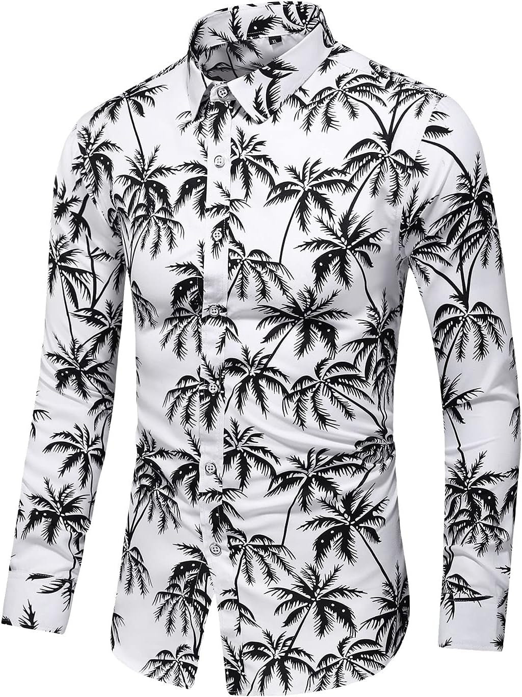 Men'S Printed Beach Hawaiian Button-Down Slim Fit Long Sleeve Dress Shirt (7015 White, Large)
