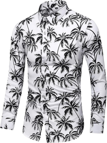Men'S Printed Beach Hawaiian Button-Down Slim Fit Long Sleeve Dress Shirt (7015 White, Large)