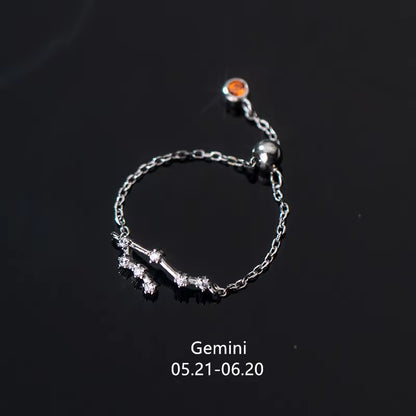 925 Sterling Silver Unique 12 Constellation Chain Link Adjustable Rings for Women Couple Zodiac Jewelry Celestial Gift