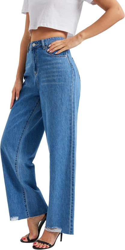 Girl'S Womens Casual Straight Leg Jeans Jeans High Waist Wide Leg Denim Boyfriend Crop Pants