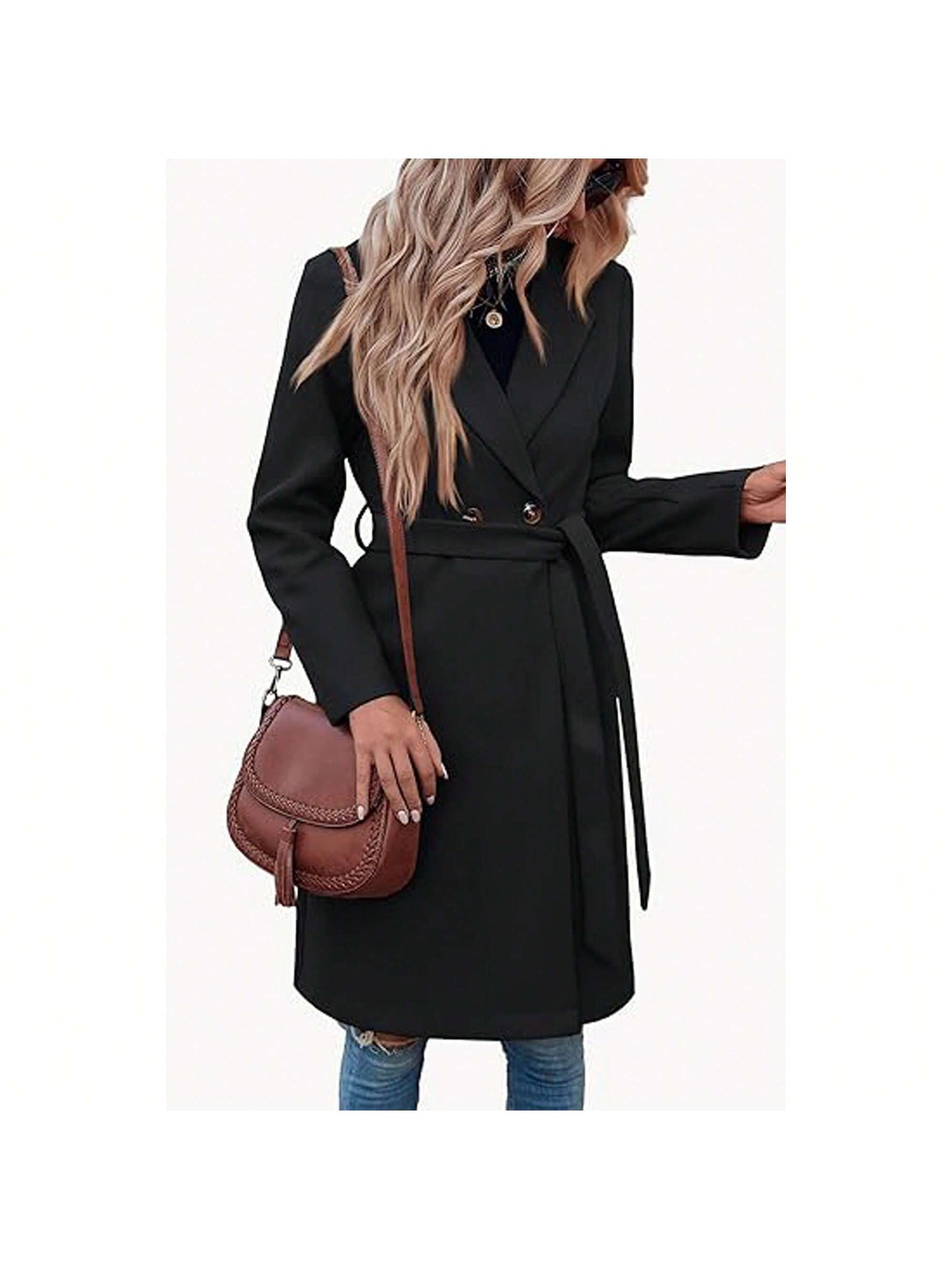 Women'S Double Button Belted Tweed Overcoat Basic Long Sleeve Notched Lapel Pea Trench Jacket Outwear Coats