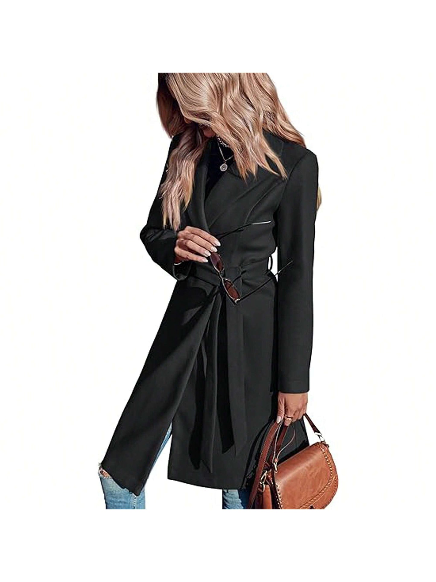 Women'S Double Button Belted Tweed Overcoat Basic Long Sleeve Notched Lapel Pea Trench Jacket Outwear Coats