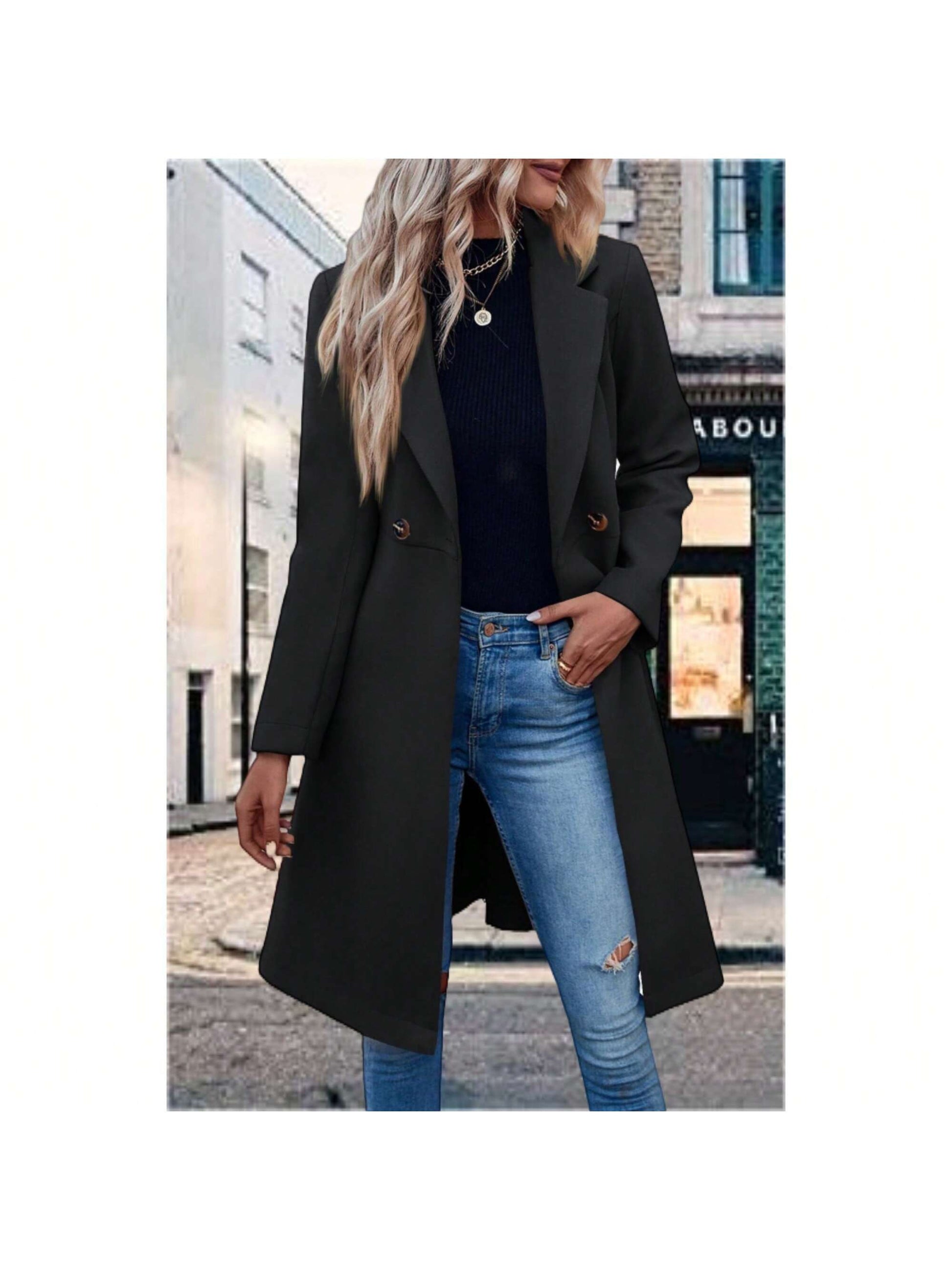 Women'S Double Button Belted Tweed Overcoat Basic Long Sleeve Notched Lapel Pea Trench Jacket Outwear Coats