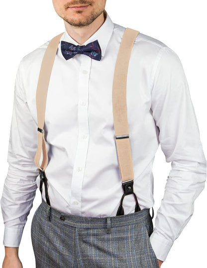 Mens Brown Button End Suspenders - Adjustable Elastic Y Shape Tuxedo Suspender
