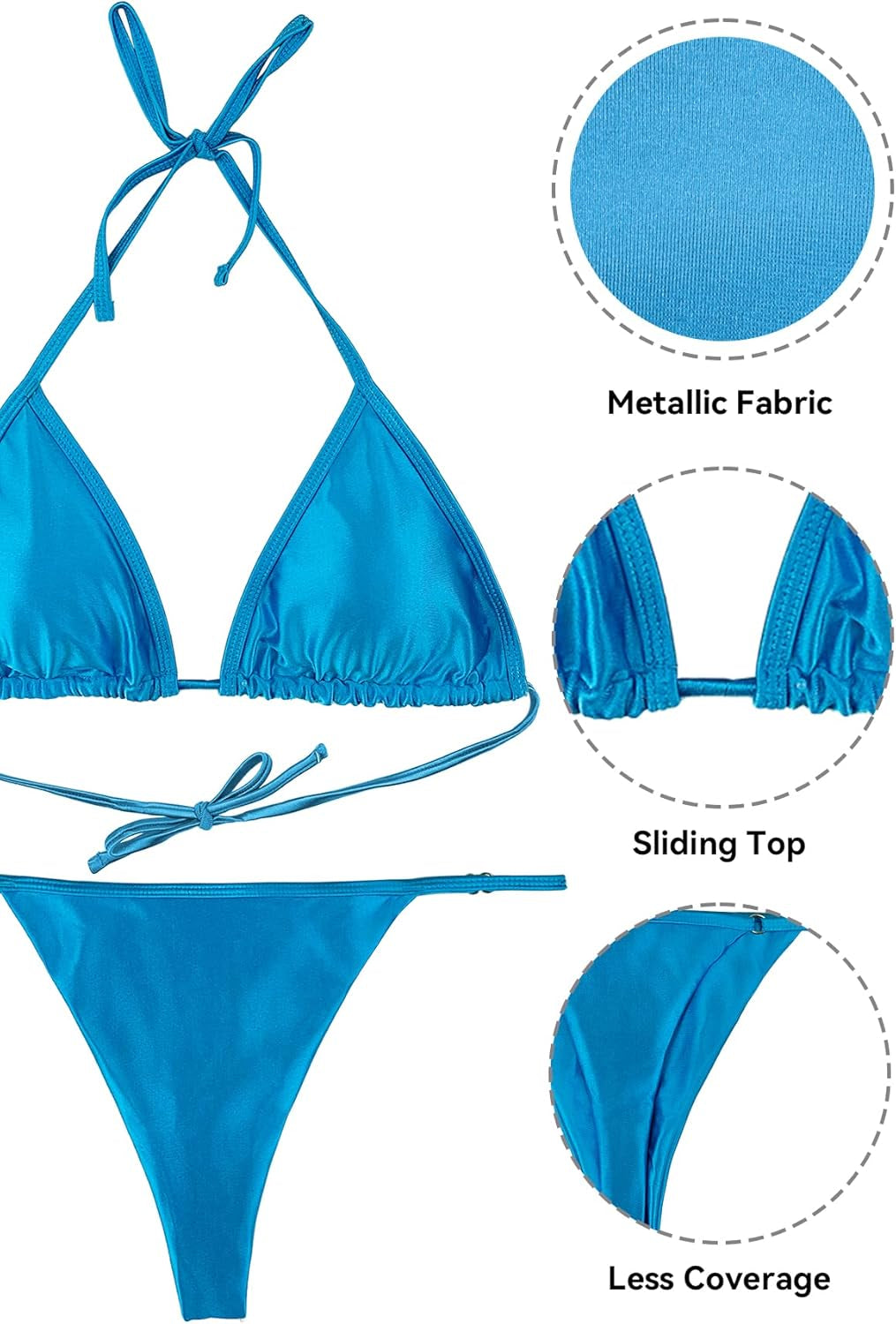 Women'S Metallic Halter Bikini Shiny String Two Piece Swimsuit Triangle Thong Bathing Suit