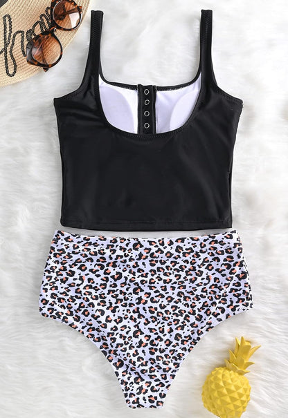 Women Sports Crop Tank Top Retro Bikini Set Athletic Two Piece Swimsuit High Waisted Bathing Suit Tummy Control Tankini Sets