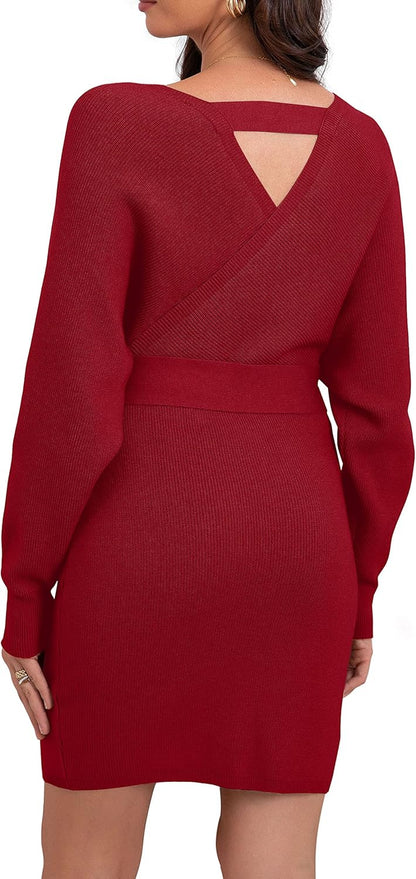 Women'S V Neck Batwing Long Sleeve Sexy Backless Wrap Bodycon Cocktail Pullover Sweater Mini Dress with Belt