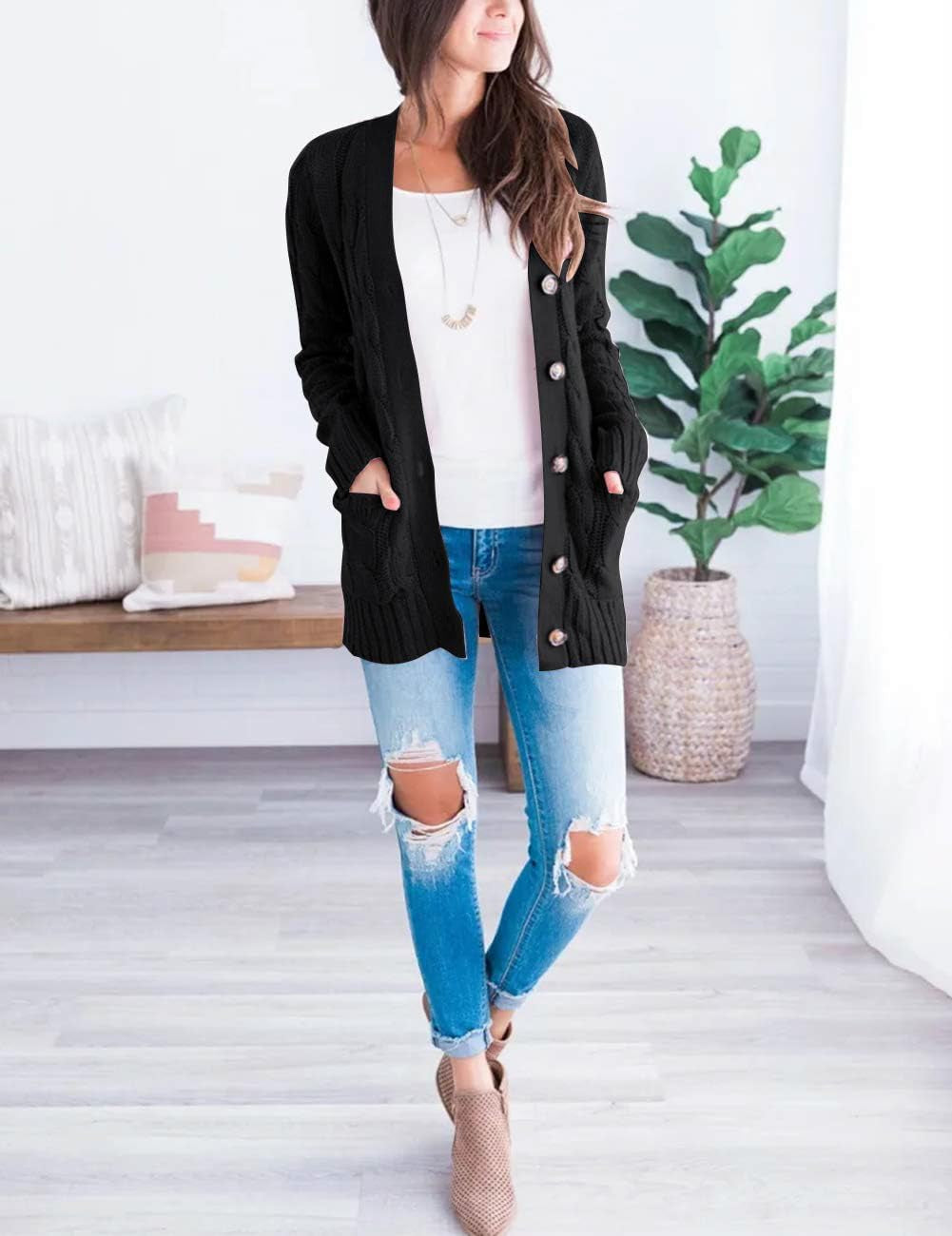 Women'S 2025 Fall Long Sleeve Cable Knit Sweater Open Front Cardigan Button Loose Outerwear