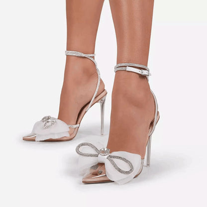 Women Clear High Heels and Pumps Transparent Closed Toe Heels with Ankle Strap Sexy Nude Clear Pumps Rhinestone Wedding Shoes High Hills Dress Size 5