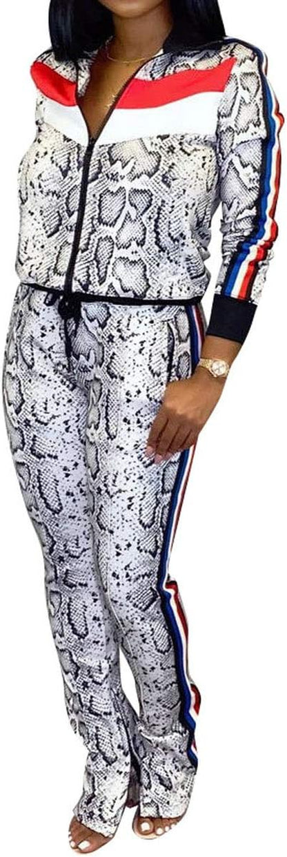 Women Two Piece Outfits Tracksuit - Sexy Snakeskin Printed Zipper Jacket and Long Pants Sportswear with Pocket White L