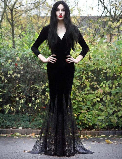 Women'S Maxi Dress V-Neck Black Lace Long Sleeve Party Gown Elegant Vestidos Lapel Rope High Waist Autumn Female