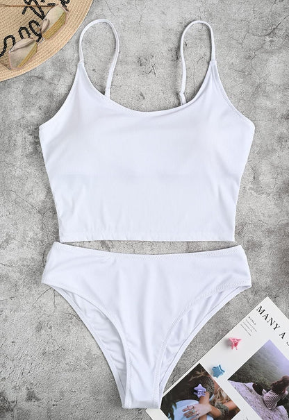 Ribbed Bikini Sets for Women High Cut Cheeky Swimsuits Scoop Neck Padded Bathing Suits Two Piece Tankini Set