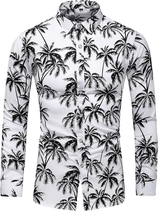 Men'S Printed Beach Hawaiian Button-Down Slim Fit Long Sleeve Dress Shirt (7015 White, Large)