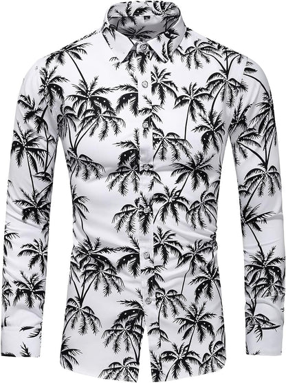 Men'S Printed Beach Hawaiian Button-Down Slim Fit Long Sleeve Dress Shirt (7015 White, Large)