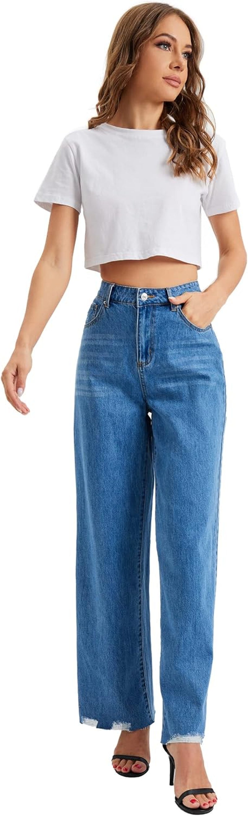 Girl'S Womens Casual Straight Leg Jeans Jeans High Waist Wide Leg Denim Boyfriend Crop Pants