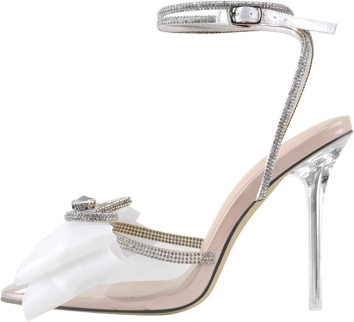 Women Clear High Heels and Pumps Transparent Closed Toe Heels with Ankle Strap Sexy Nude Clear Pumps Rhinestone Wedding Shoes High Hills Dress Size 5