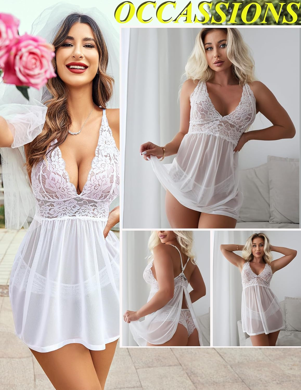 Women Lingerie Lace Babydoll Strap Chemise Halter Teddy V Neck Mesh Nightgown