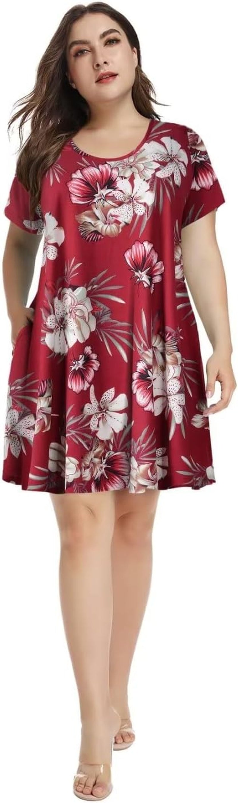 plus Size Dresses for Womens Summer Clothes Casual Floral Tops Short Sleeve T Shirt Dress Swing Sleepwear(A-Winered18 S)