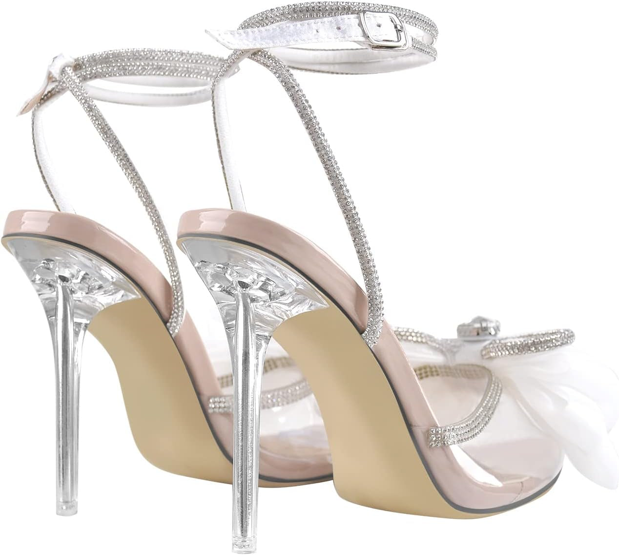 Women Clear High Heels and Pumps Transparent Closed Toe Heels with Ankle Strap Sexy Nude Clear Pumps Rhinestone Wedding Shoes High Hills Dress Size 5