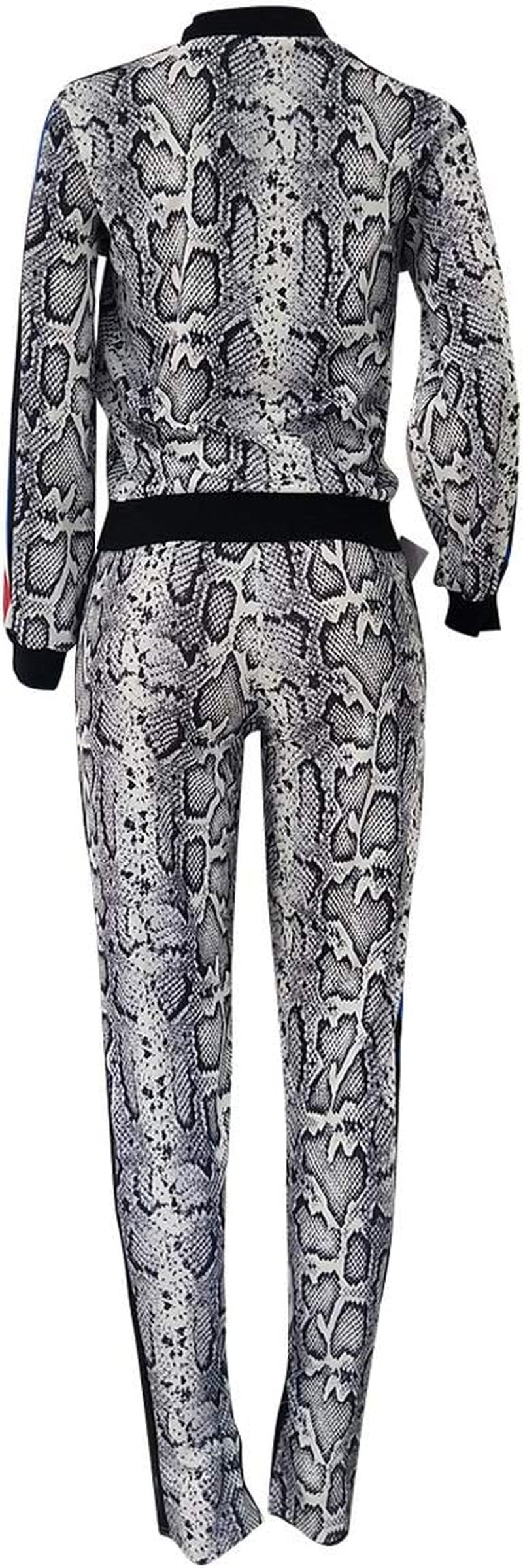 Women Two Piece Outfits Tracksuit - Sexy Snakeskin Printed Zipper Jacket and Long Pants Sportswear with Pocket White L