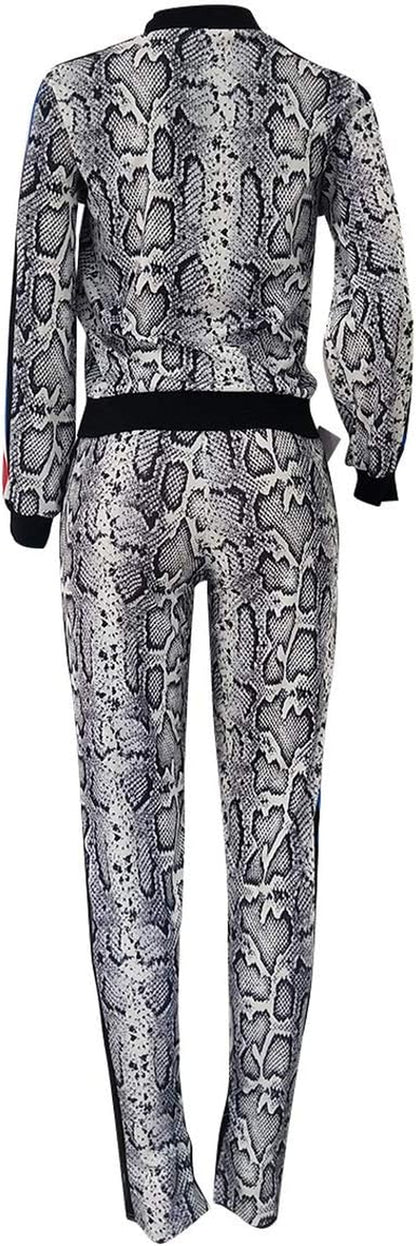 Women Two Piece Outfits Tracksuit - Sexy Snakeskin Printed Zipper Jacket and Long Pants Sportswear with Pocket White L