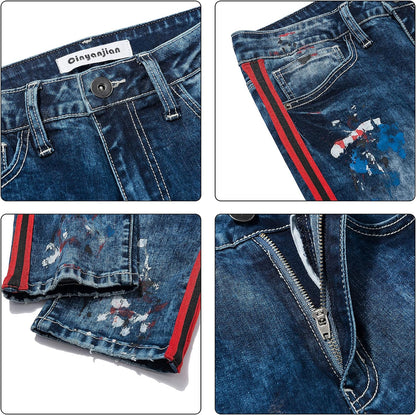 Jeans for Men Skinny Jeans Men Ripped Distressed Denim Jeans Destroyed Slim Fit Jeans Elastic Cool Denim Pants Blue Red