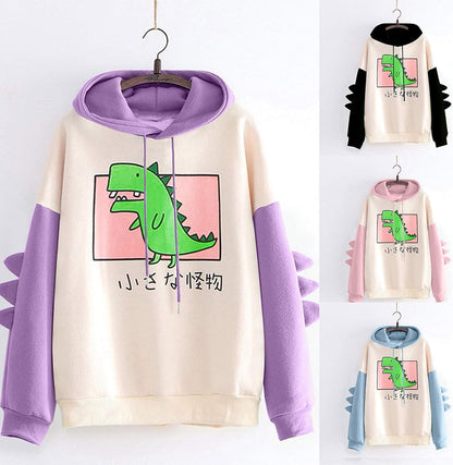 Sweatshirts for Women Frog Cute Hoodies Dinosaur Print Long Sleeve Pullover Stitching Three-Dimensional Pocket Tops