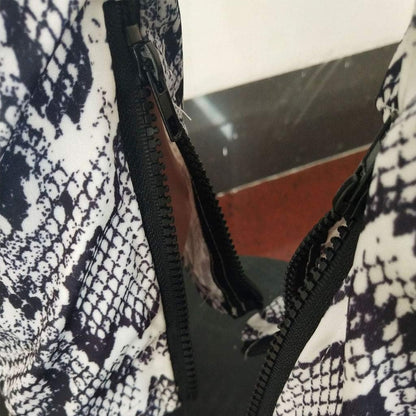 Women Two Piece Outfits Tracksuit - Sexy Snakeskin Printed Zipper Jacket and Long Pants Sportswear with Pocket White L