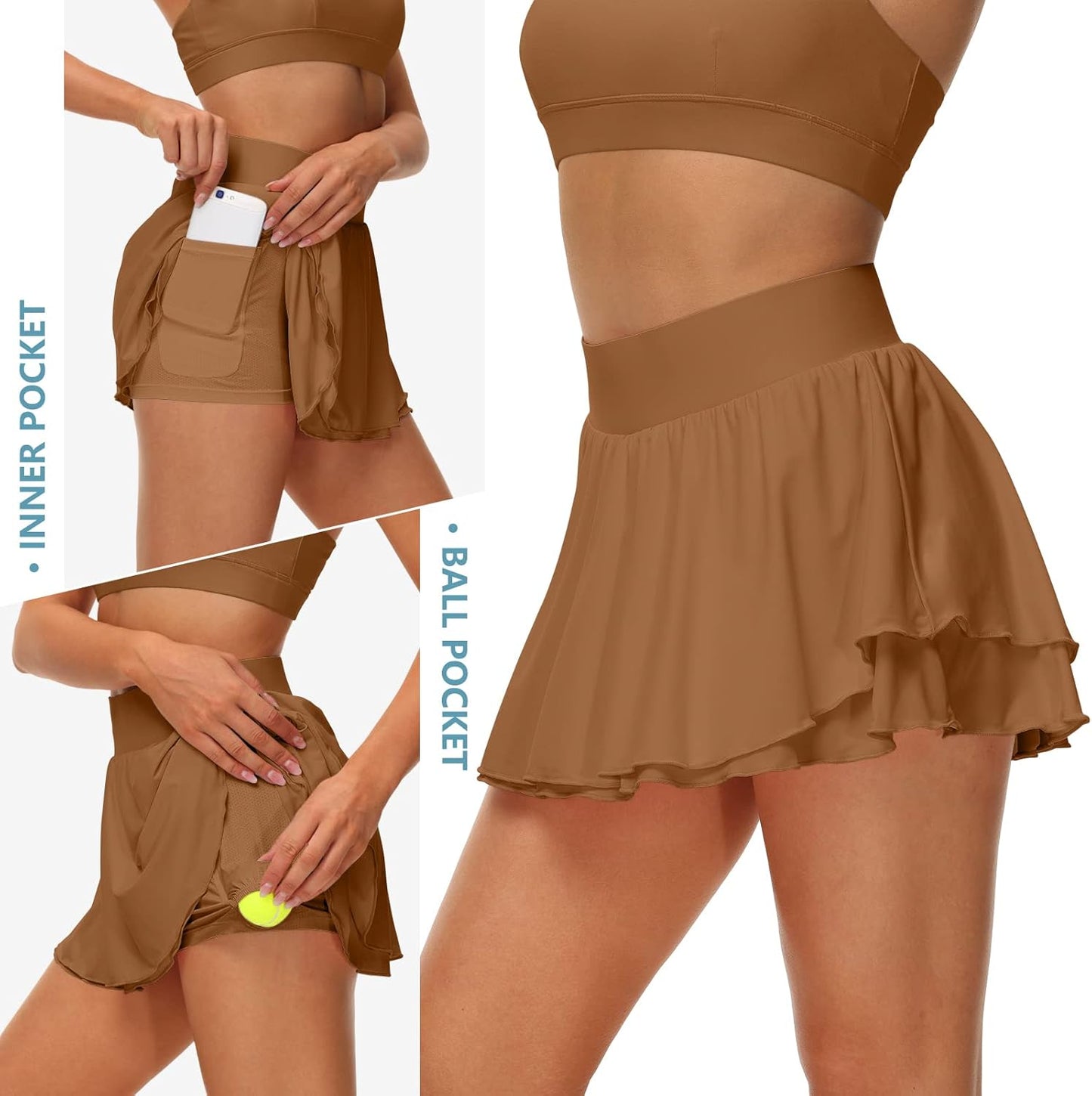 Women'S Athletic Tennis Skirts with Pockets 13In Ruffle Golf Running Workout Ice Silk Flowy Skorts with Sports Shorts