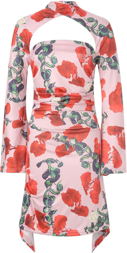 Women Sexy Criss Cross Halter Y2K Mini Dress with Gloves Cutout Vintage Short Bodycon Party Night Club Outfits Floral M